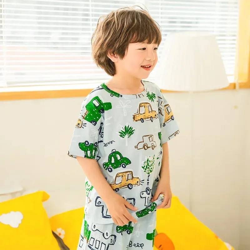 Kids Cartoon Print Short Sleeves Summer Pajamas Sets