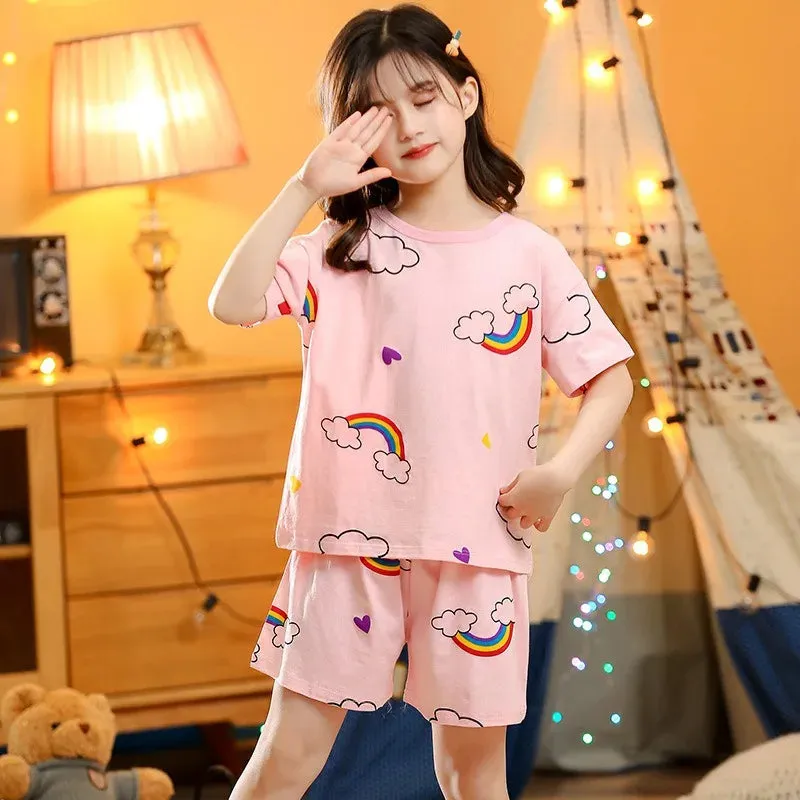 Kids Cartoon Print Short Sleeves Summer Pajamas Sets
