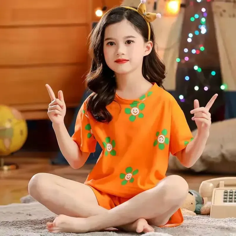 Kids Cartoon Print Short Sleeves Summer Pajamas Sets