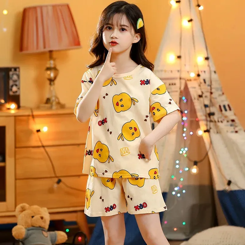 Kids Cartoon Print Short Sleeves Summer Pajamas Sets