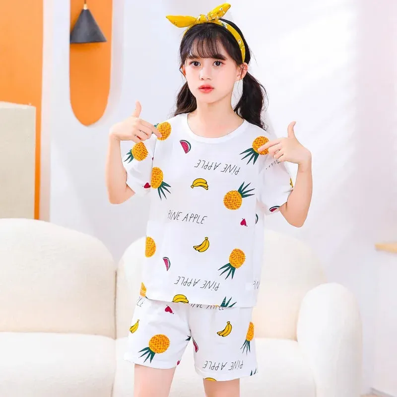 Kids Cartoon Print Short Sleeves Summer Pajamas Sets