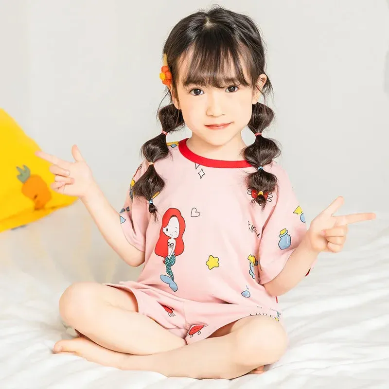 Kids Cartoon Print Short Sleeves Summer Pajamas Sets