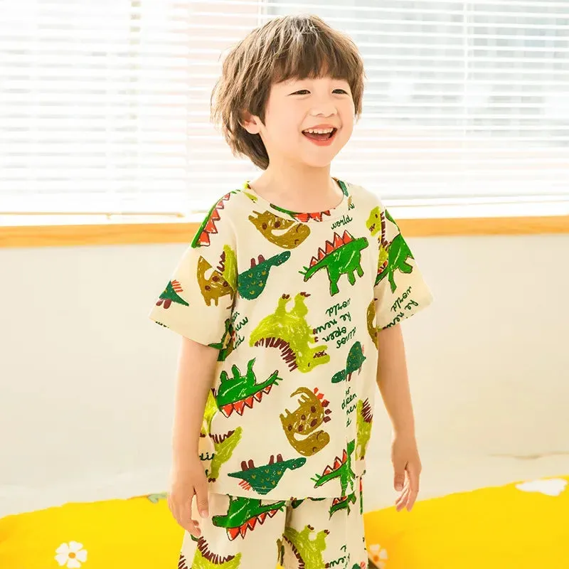 Kids Cartoon Print Short Sleeves Summer Pajamas Sets