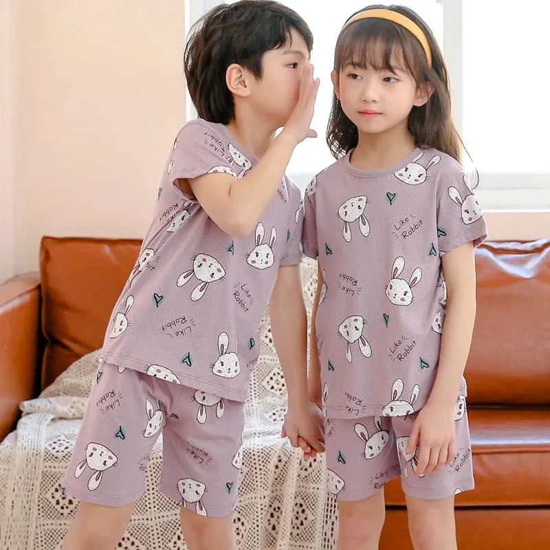 Kids Cartoon Print Short Sleeves Summer Pajamas Sets