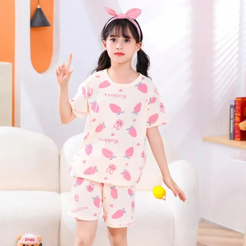 Kids Cartoon Print Short Sleeves Summer Pajamas Sets
