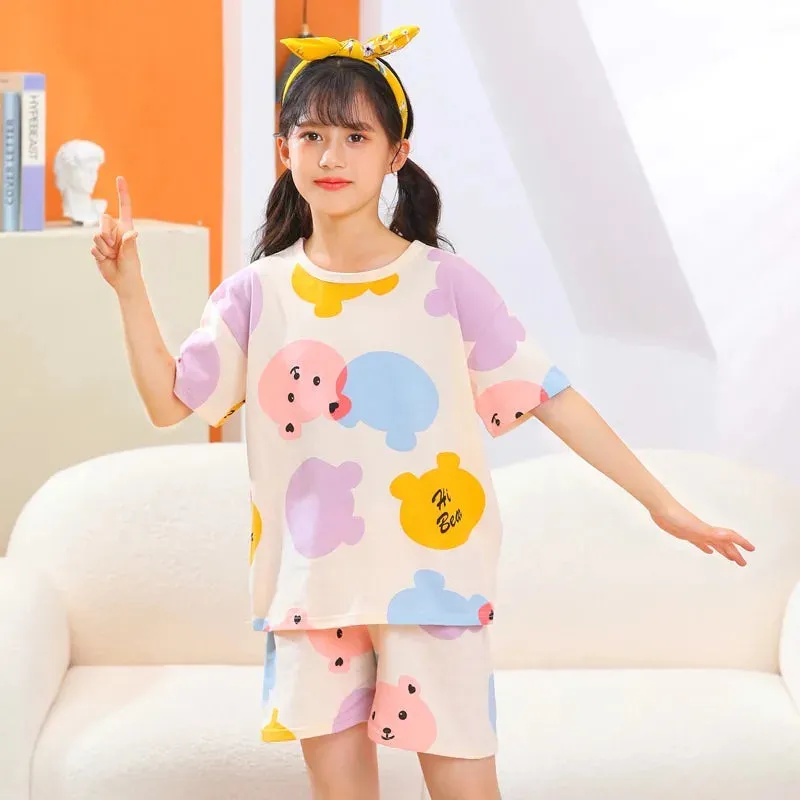 Kids Cartoon Print Short Sleeves Summer Pajamas Sets