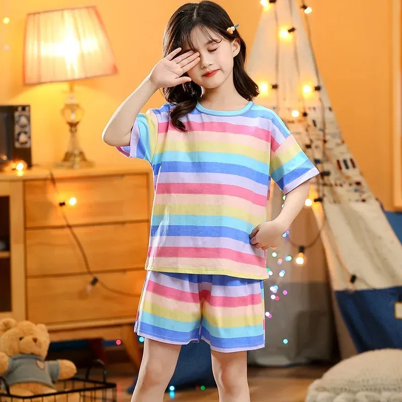 Kids Cartoon Print Short Sleeves Summer Pajamas Sets