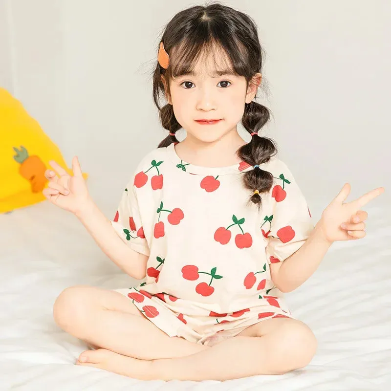 Kids Cartoon Print Short Sleeves Summer Pajamas Sets
