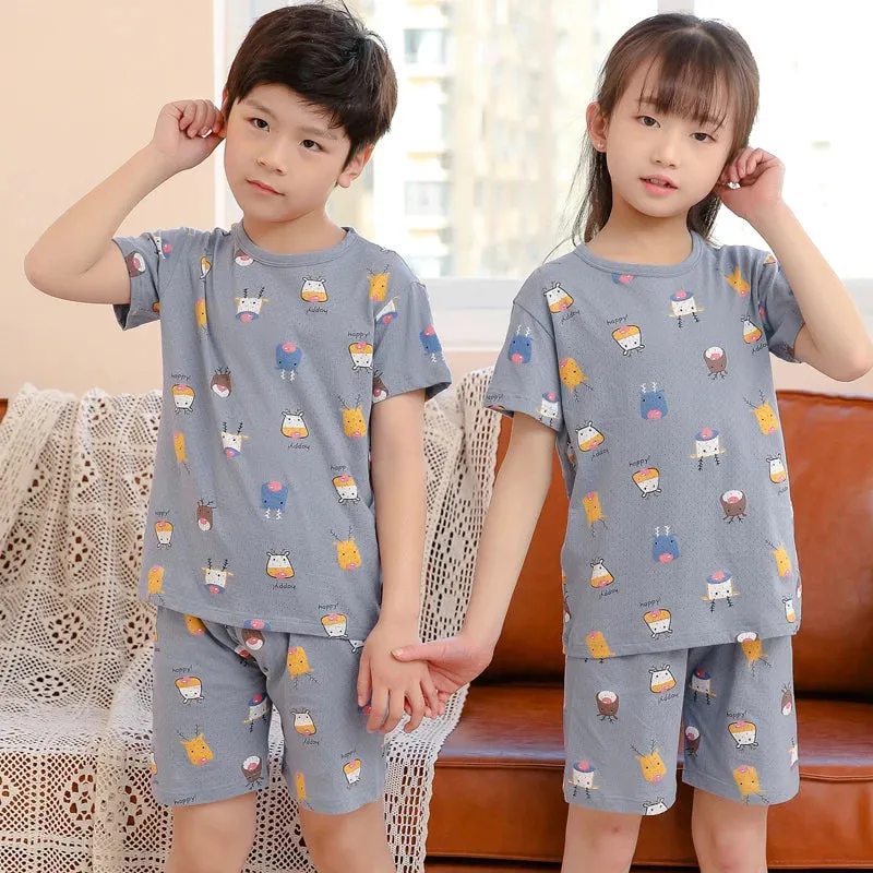 Kids Cartoon Print Short Sleeves Summer Pajamas Sets