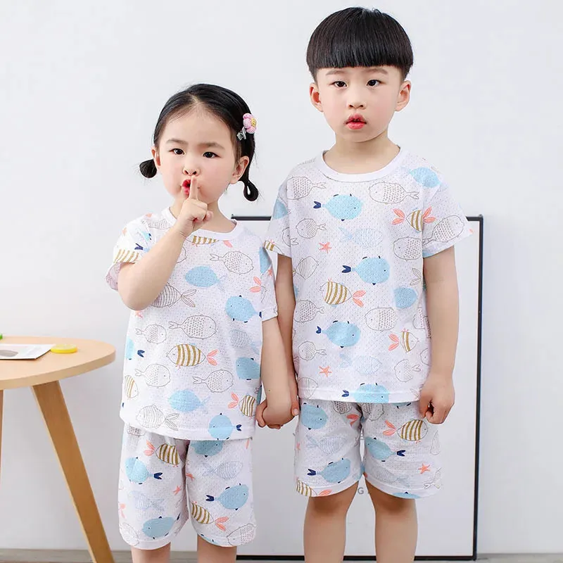 Kids Cartoon Print Short Sleeves Summer Pajamas Sets