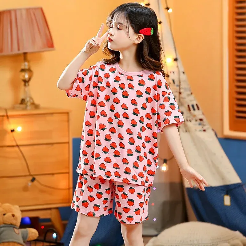 Kids Cartoon Print Short Sleeves Summer Pajamas Sets