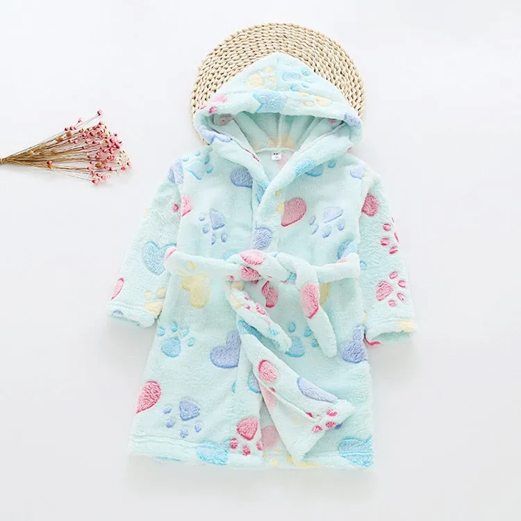 Kids Cartoon Printed Hooded Flannel Bathrobe
