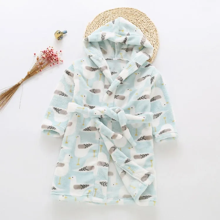 Kids Cartoon Printed Hooded Flannel Bathrobe