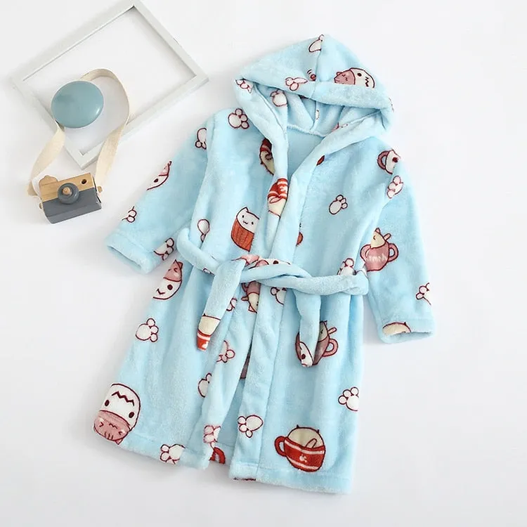 Kids Cartoon Printed Hooded Flannel Bathrobe