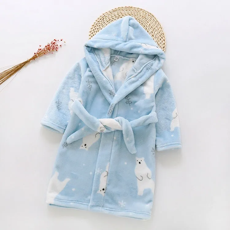 Kids Cartoon Printed Hooded Flannel Bathrobe