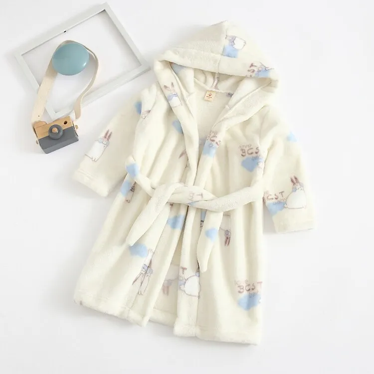 Kids Cartoon Printed Hooded Flannel Bathrobe