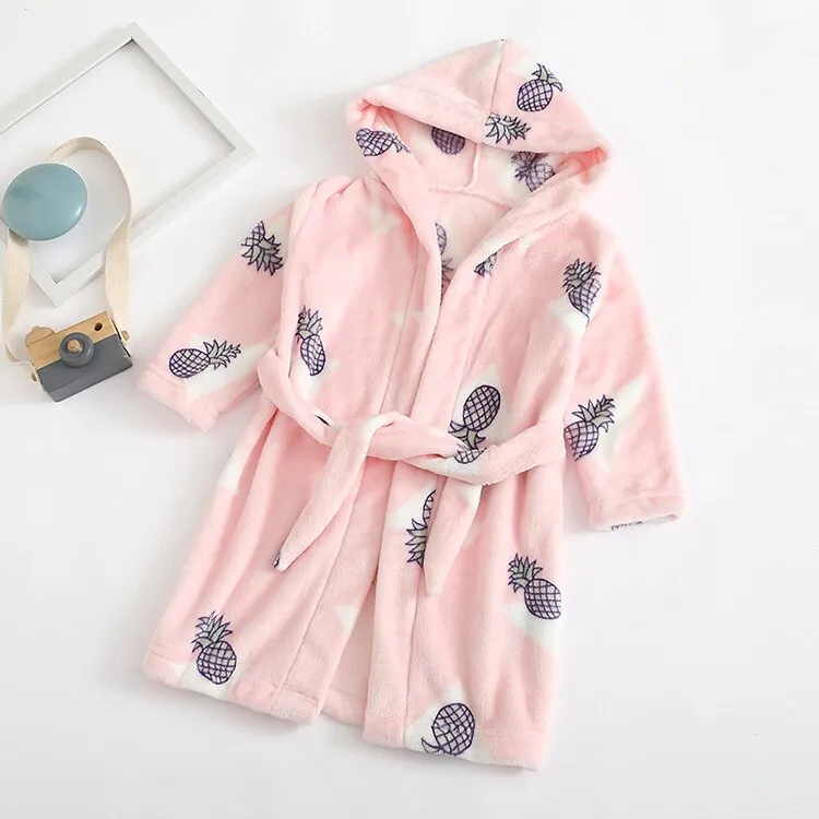 Kids Cartoon Printed Hooded Flannel Bathrobe
