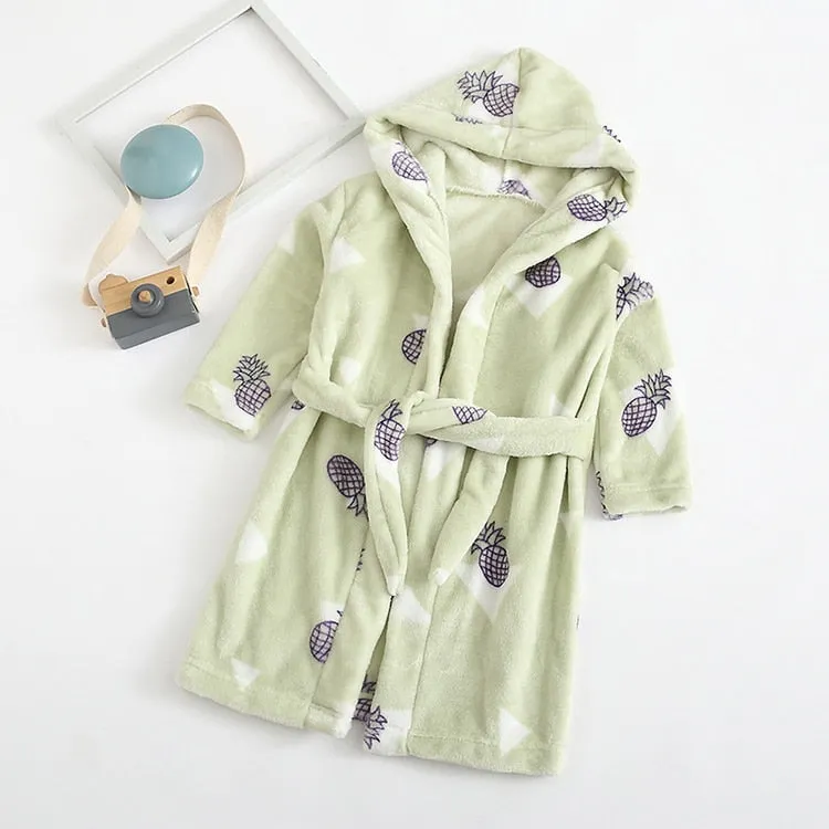 Kids Cartoon Printed Hooded Flannel Bathrobe