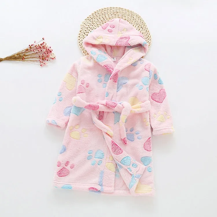 Kids Cartoon Printed Hooded Flannel Bathrobe