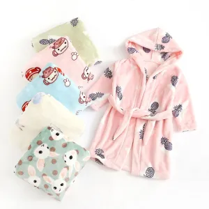 Kids Cartoon Printed Hooded Flannel Bathrobe