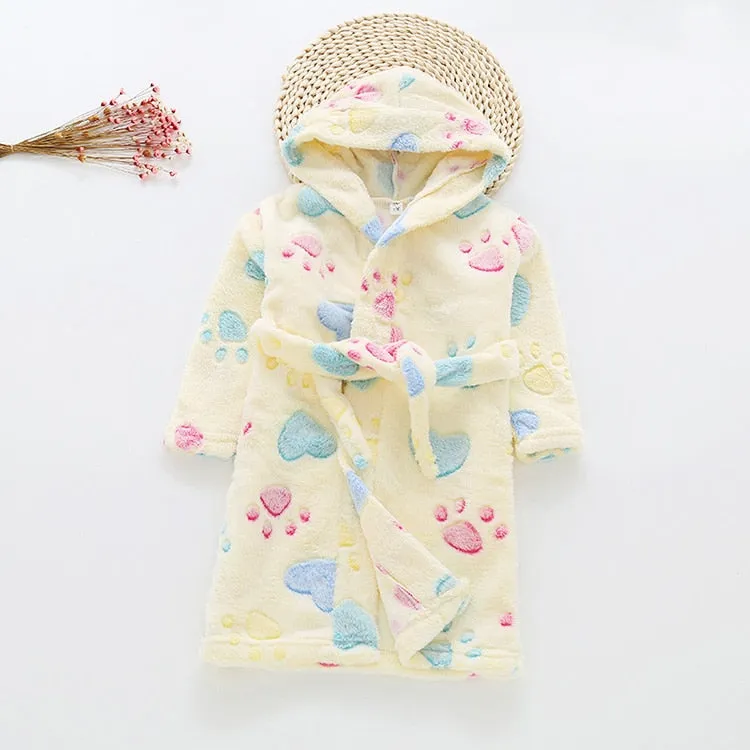 Kids Cartoon Printed Hooded Flannel Bathrobe