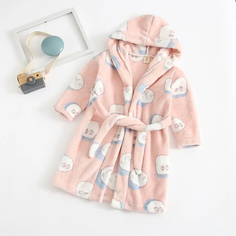 Kids Cartoon Printed Hooded Flannel Bathrobe