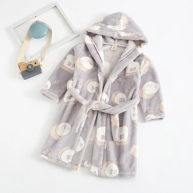 Kids Cartoon Printed Hooded Flannel Bathrobe
