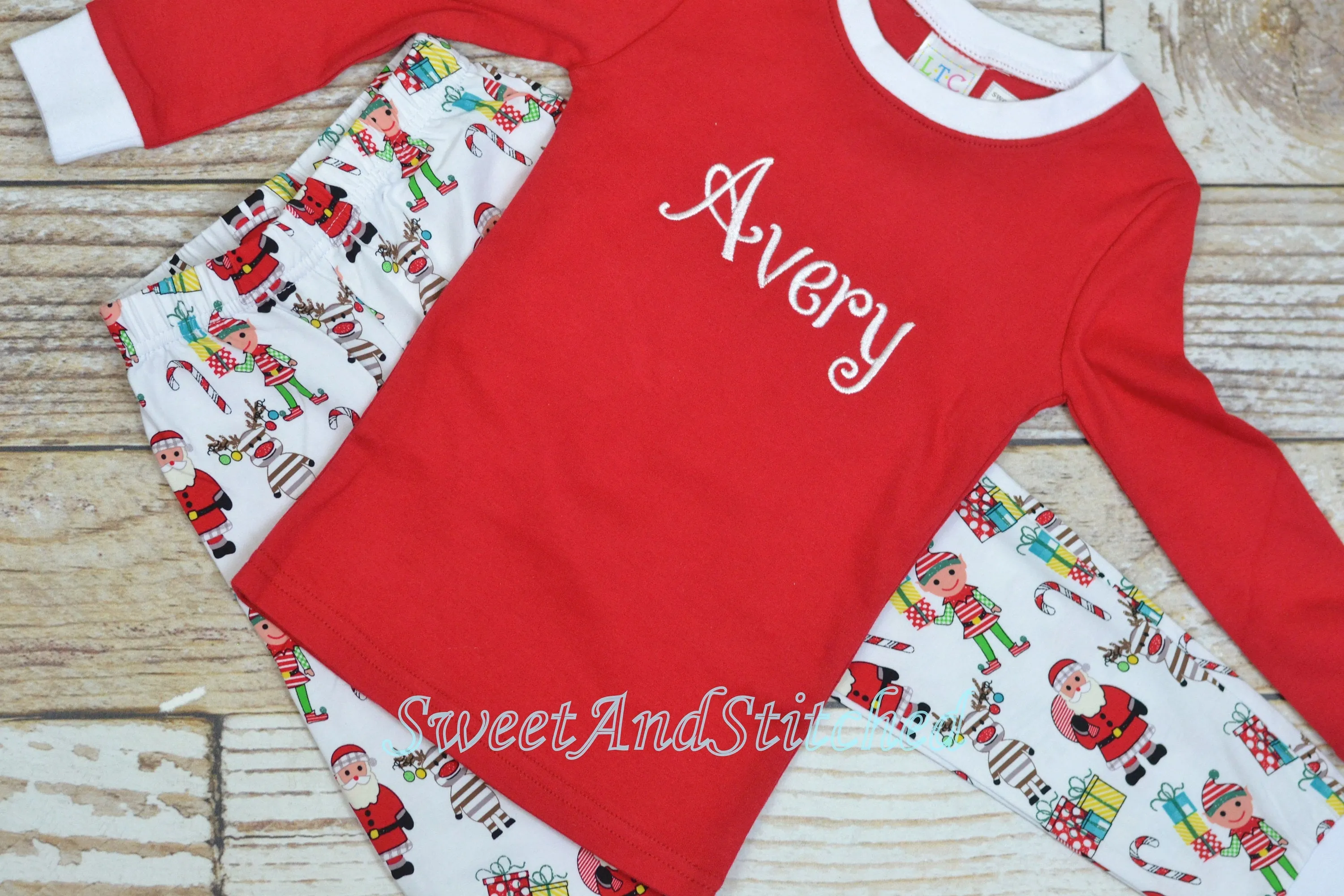 Kids Christmas Pajamas (Pjs, Jammies) in Christmas print with monogrammed name