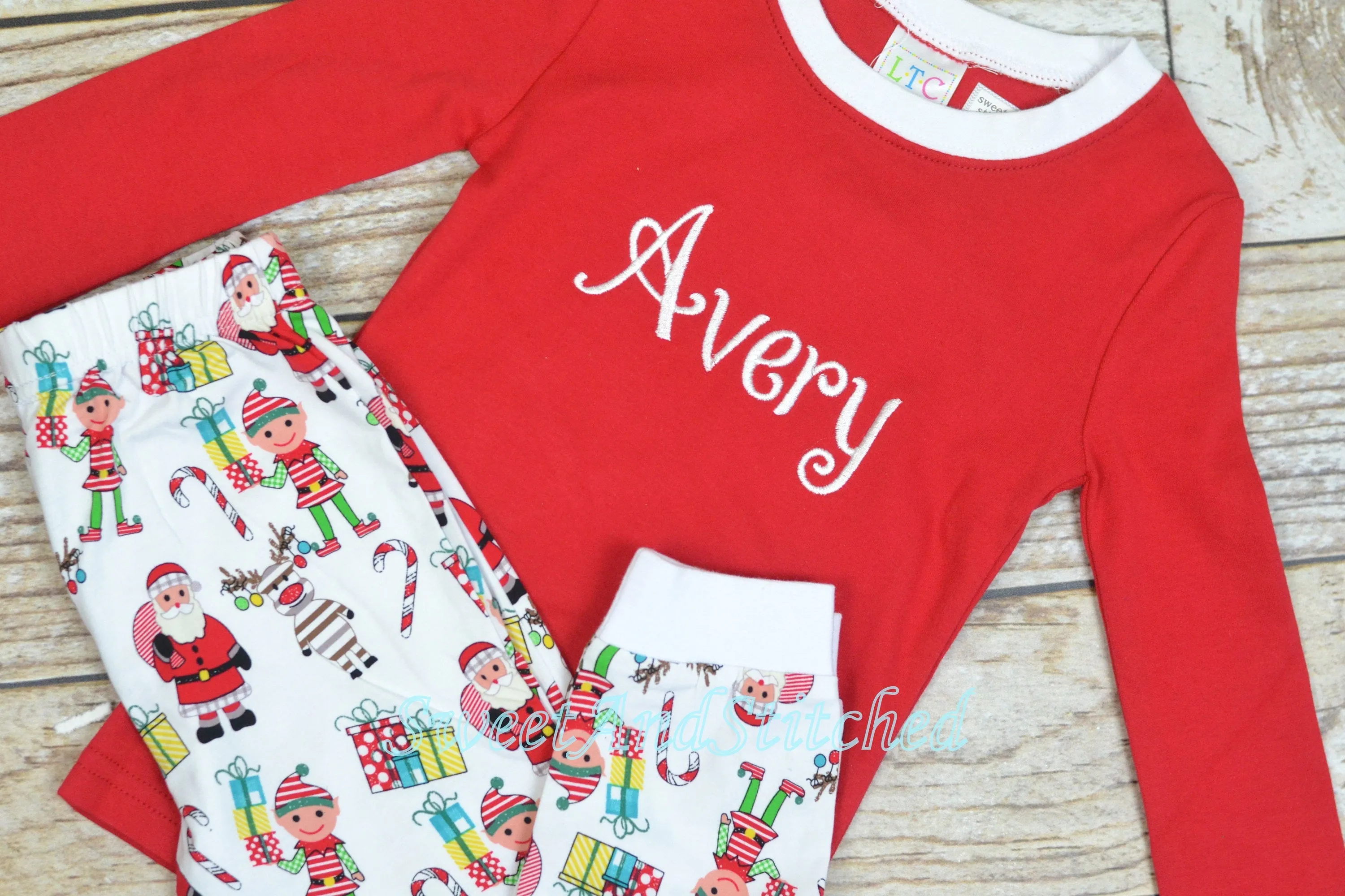 Kids Christmas Pajamas (Pjs, Jammies) in Christmas print with monogrammed name