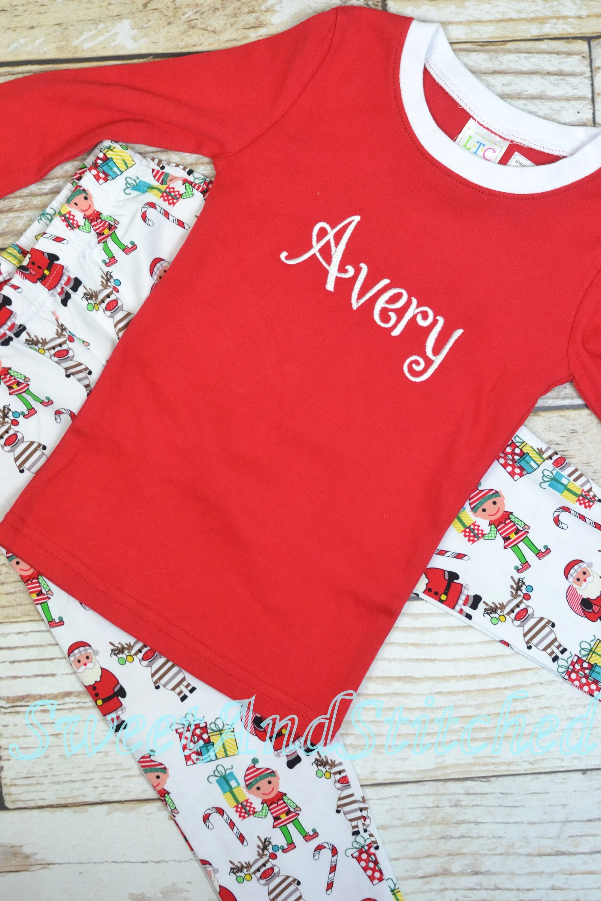 Kids Christmas Pajamas (Pjs, Jammies) in Christmas print with monogrammed name