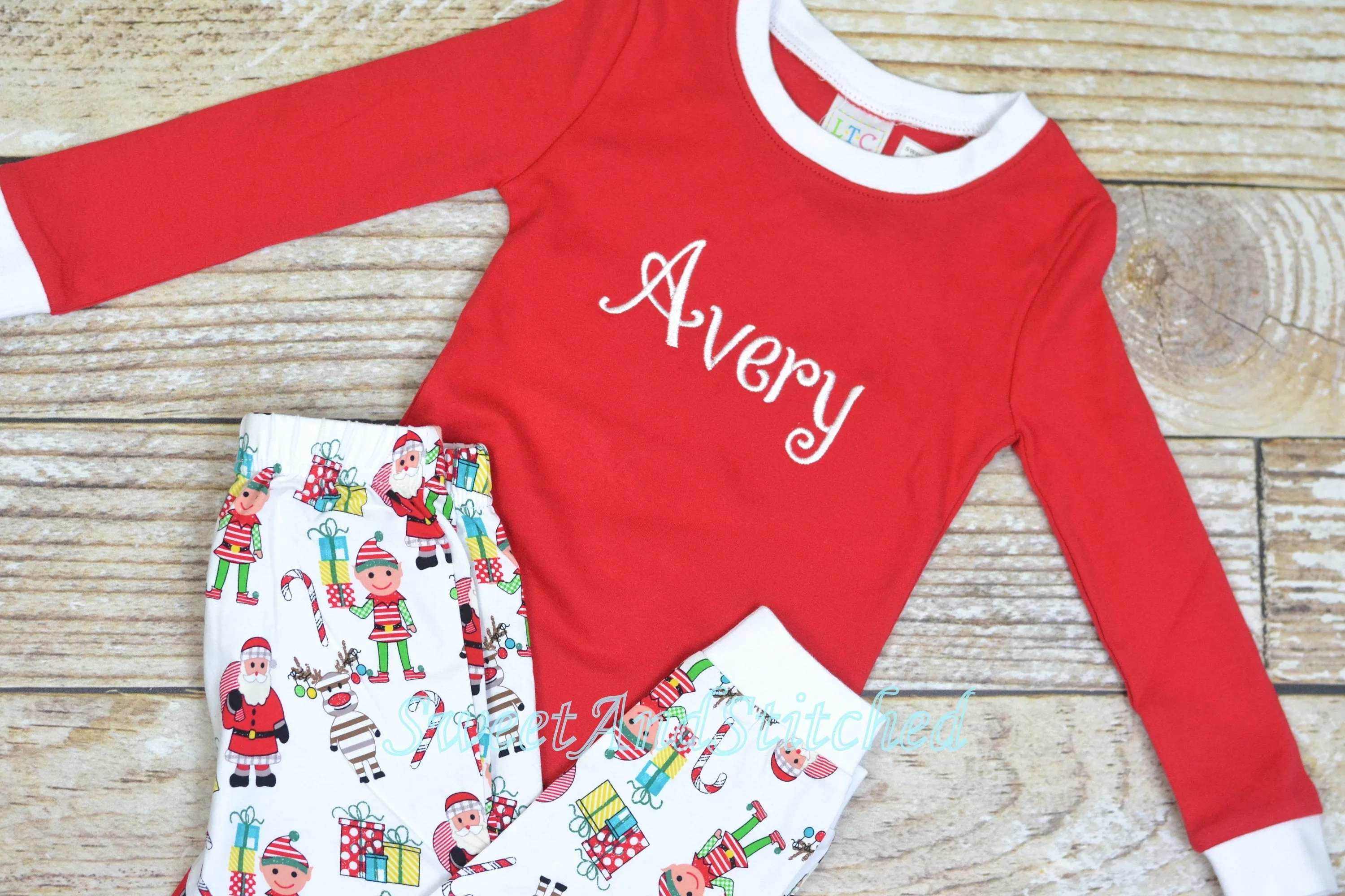 Kids Christmas Pajamas (Pjs, Jammies) in Christmas print with monogrammed name