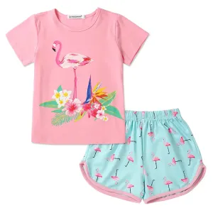 Kids Girls Cartoon Animal Print T-shirts Shorts Pajamas Set