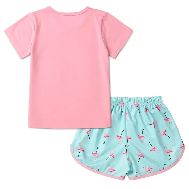 Kids Girls Cartoon Animal Print T-shirts Shorts Pajamas Set