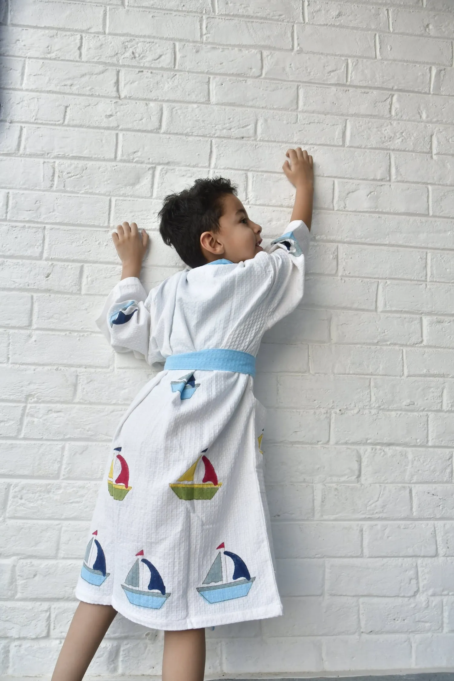 Kids HandBlock Premium Waffle Cotton Bathrobe Boat Pattern