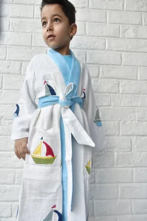 Kids HandBlock Premium Waffle Cotton Bathrobe Boat Pattern
