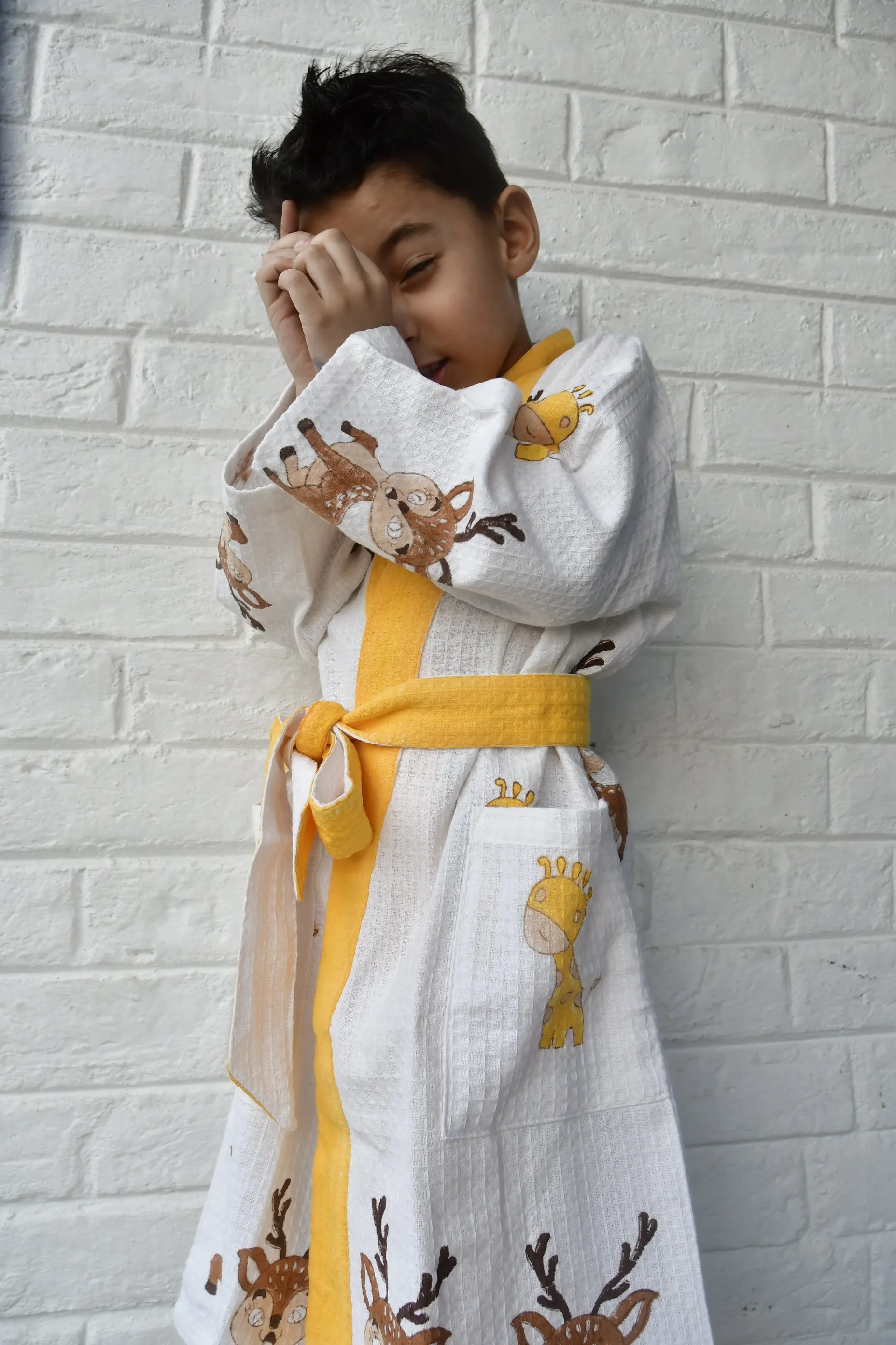 Kids HandBlock Premium Waffle Cotton Bathrobe Deer pattern