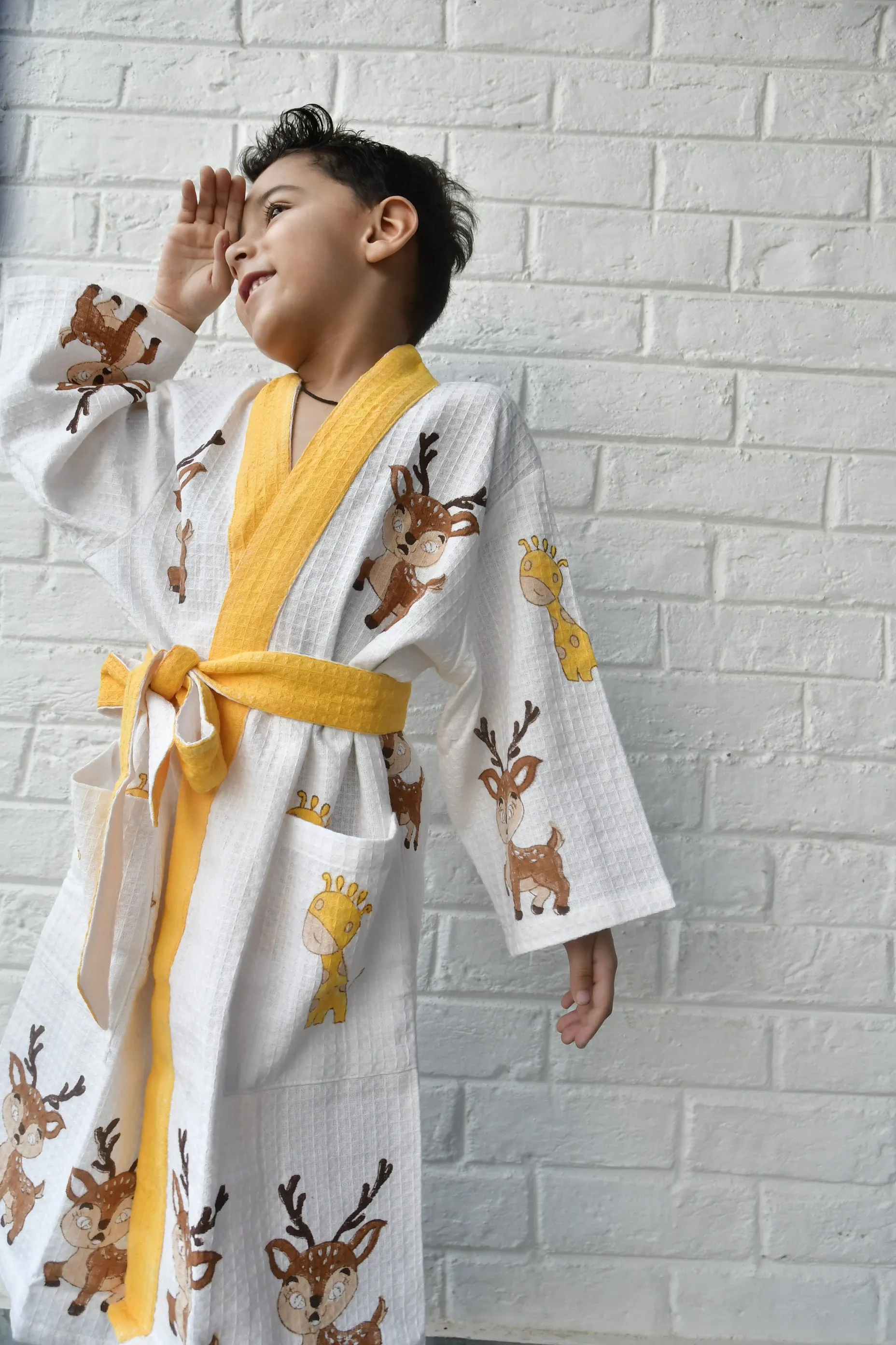 Kids HandBlock Premium Waffle Cotton Bathrobe Deer pattern