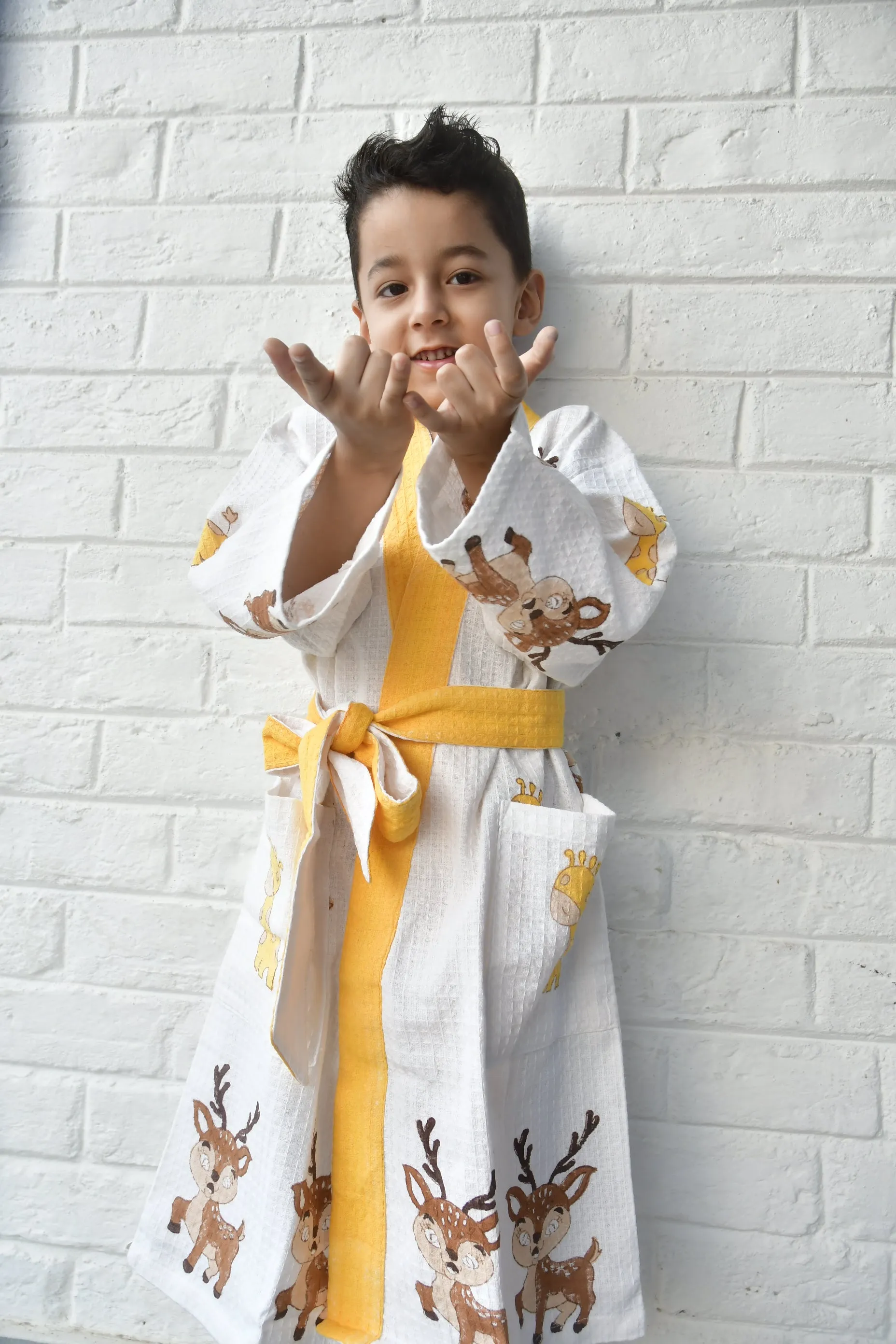 Kids HandBlock Premium Waffle Cotton Bathrobe Deer pattern