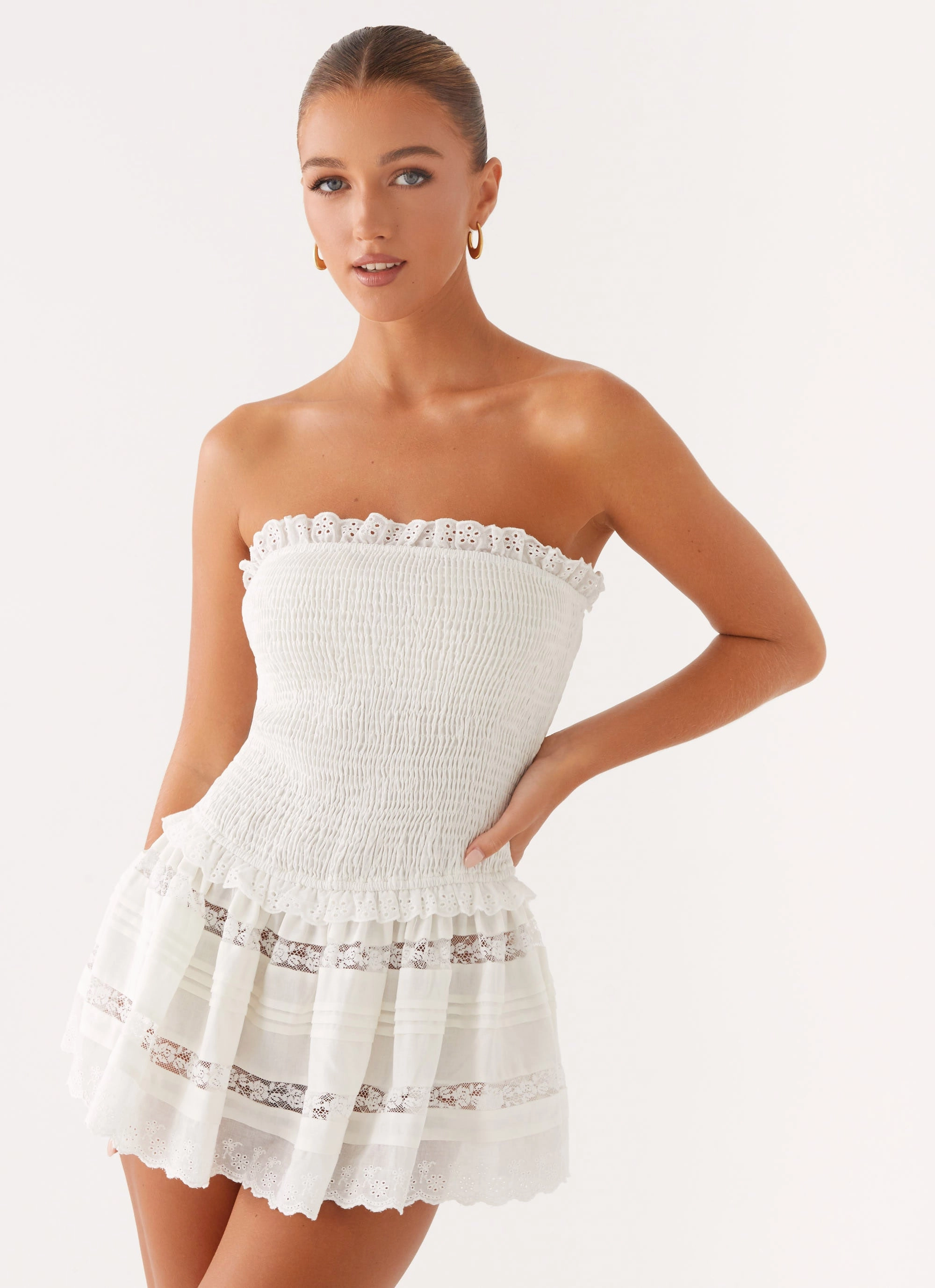 Luxury Trim Asymmetrical Cut Kimia Mini Dress - White