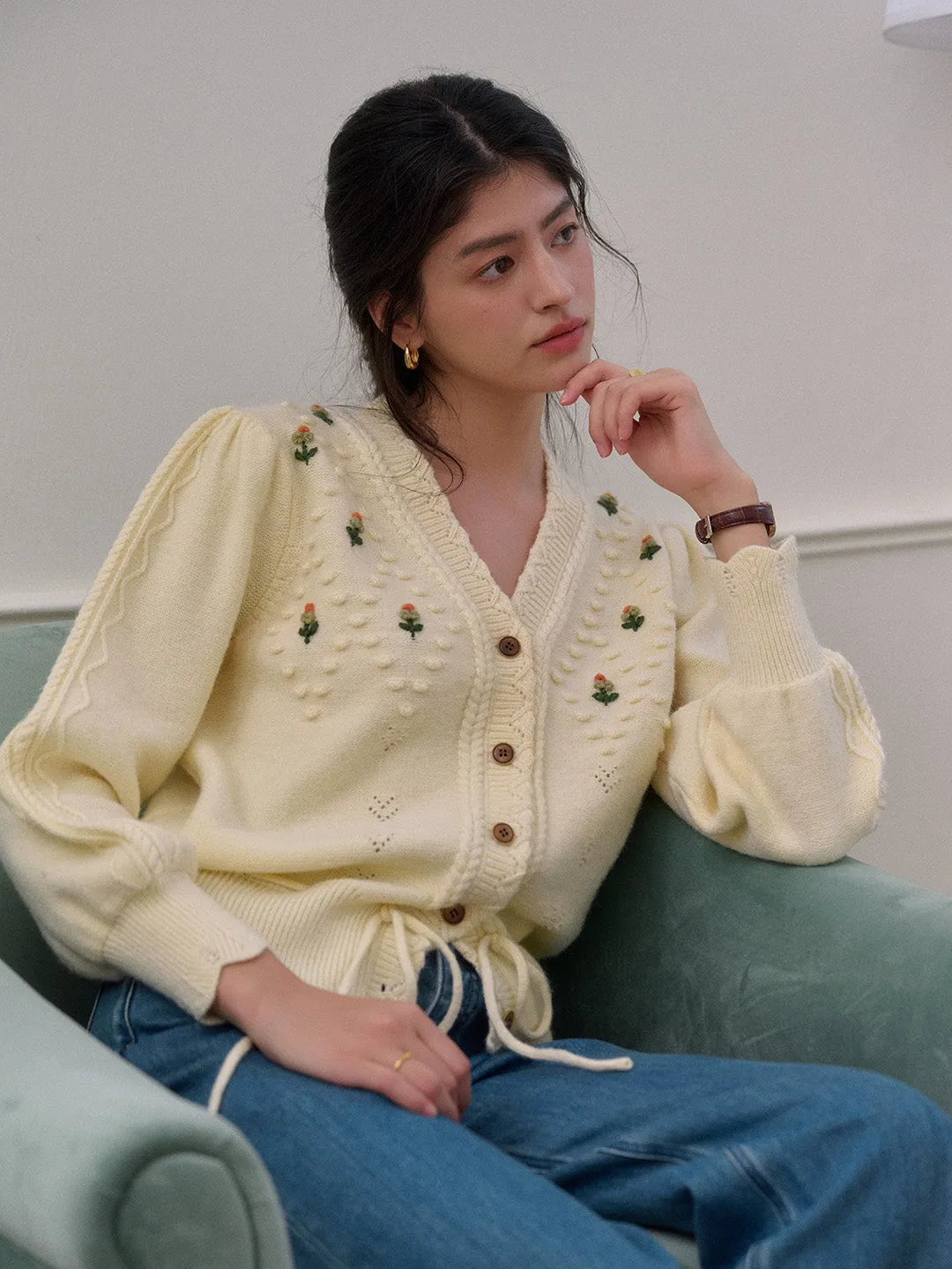 NonIrritating Seams Lightweight pullover Kira V-Neck Crochet Tie-Waist Wool Sweater