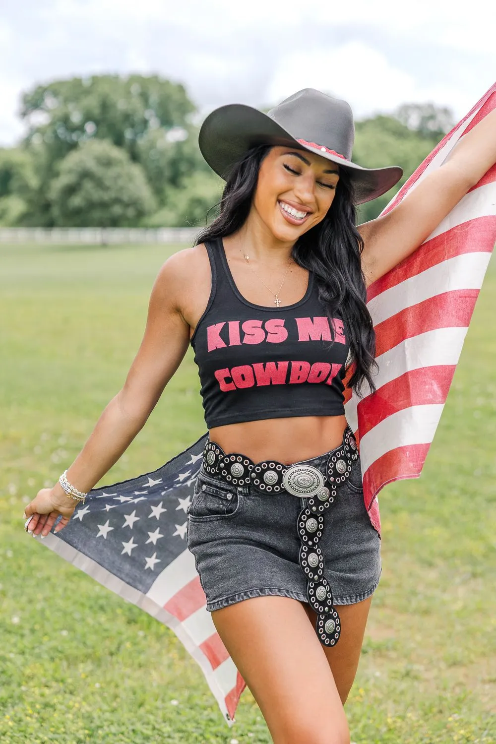 Kiss Me Cowboy Tank- Black Layered Ventilation Zones