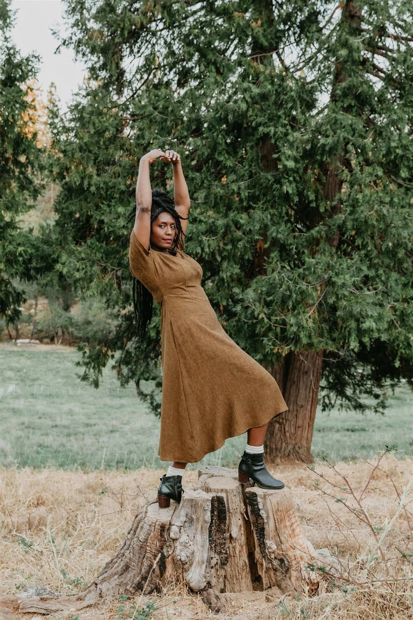 Bella Dress in Golden Checker Softly Structured Lounge Texture