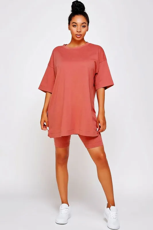 KNIT OVERSIZE TEE SHIRT AN SHORTS CASUAL BIKER SET
