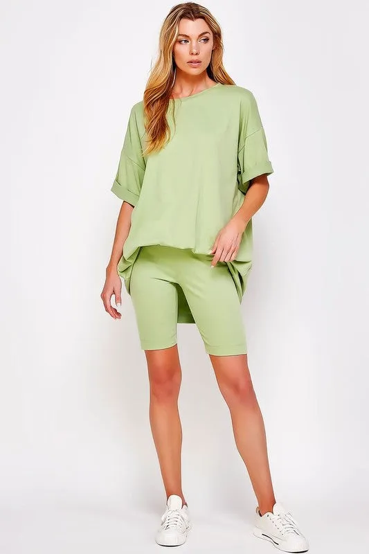 KNIT OVERSIZE TEE SHIRT AN SHORTS CASUAL BIKER SET