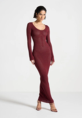 Knitted Scoop Neck Maxi Dress - Wine Red Clean Flow Subtle Stitch
