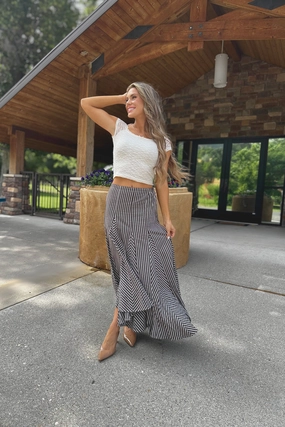 Outfit Lineup Sleek Styling Walnut Maze Stripe Maxi Skirt