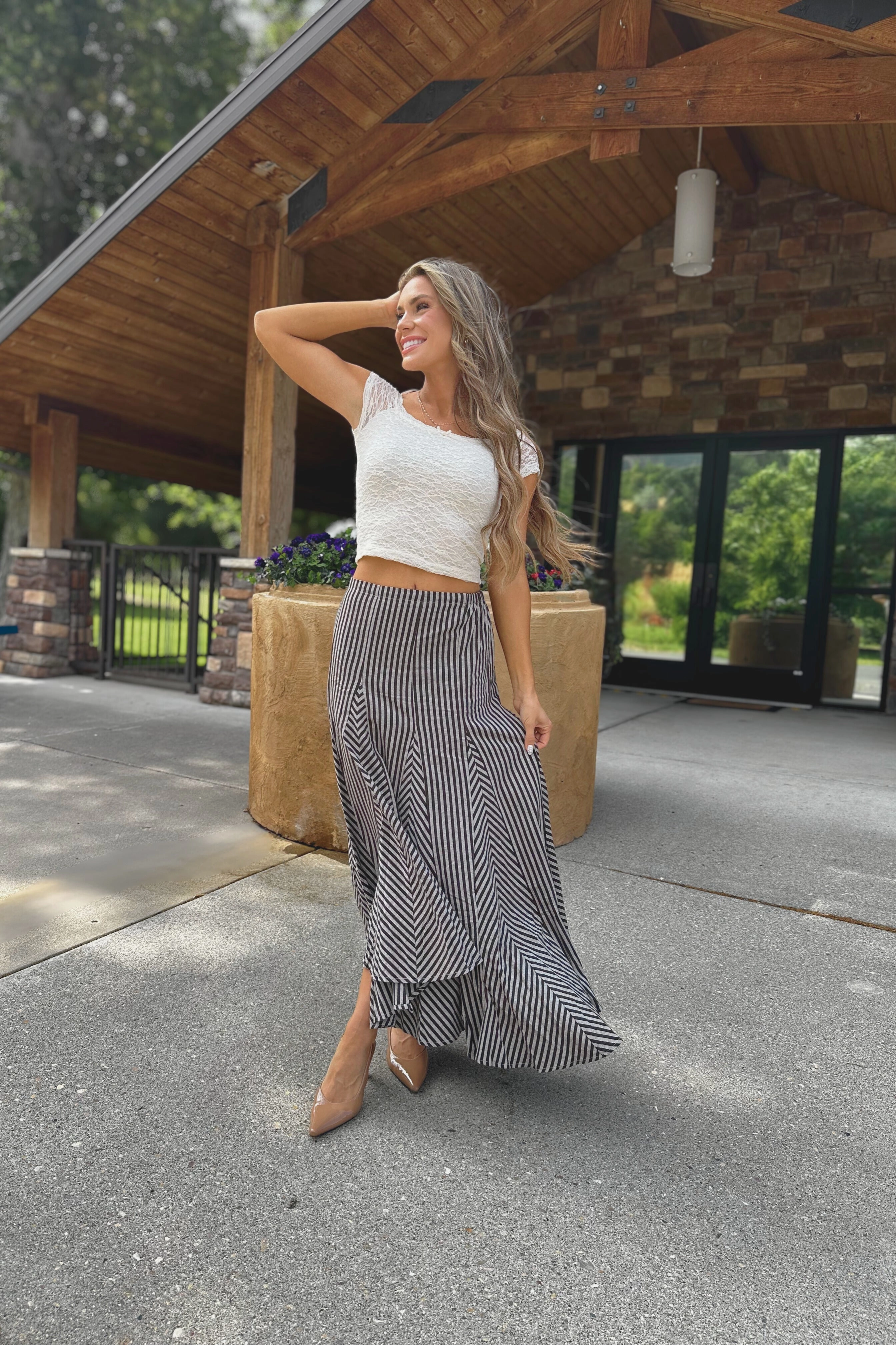 Walnut Maze Stripe Maxi Skirt Metallic Finish Non Slip Waist