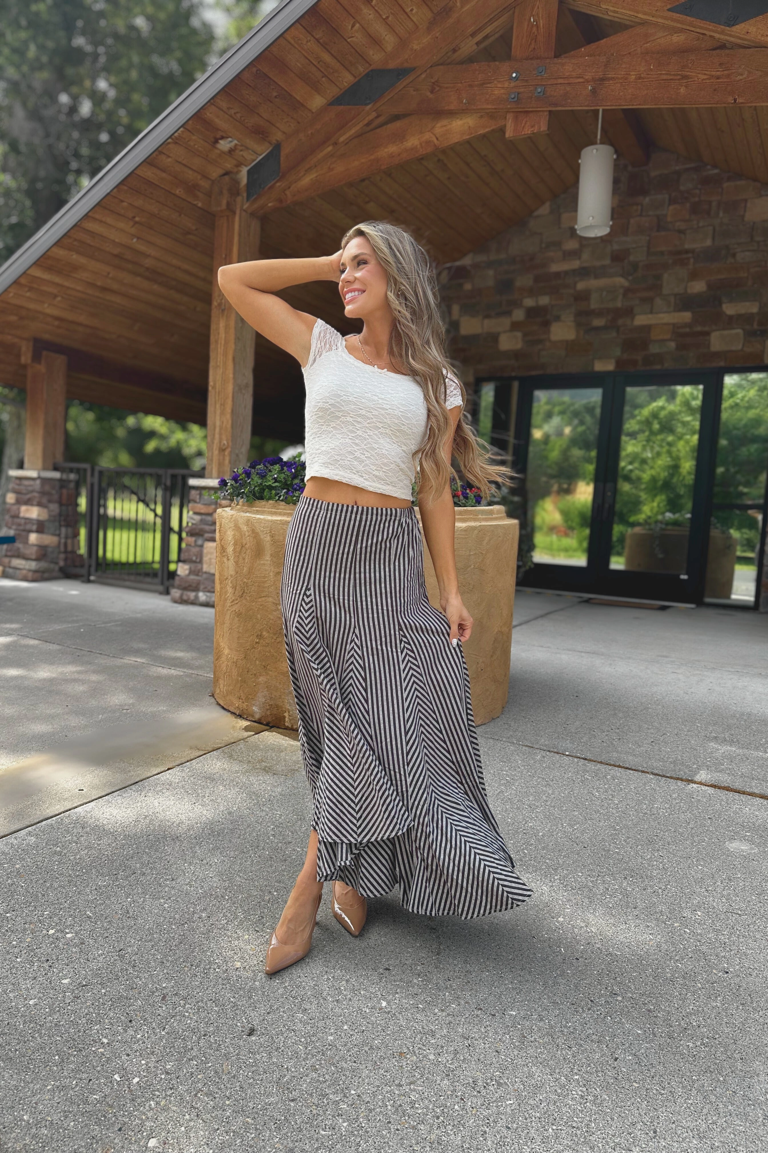 Knot-Detail Work Favorite Walnut Maze Stripe Maxi Skirt