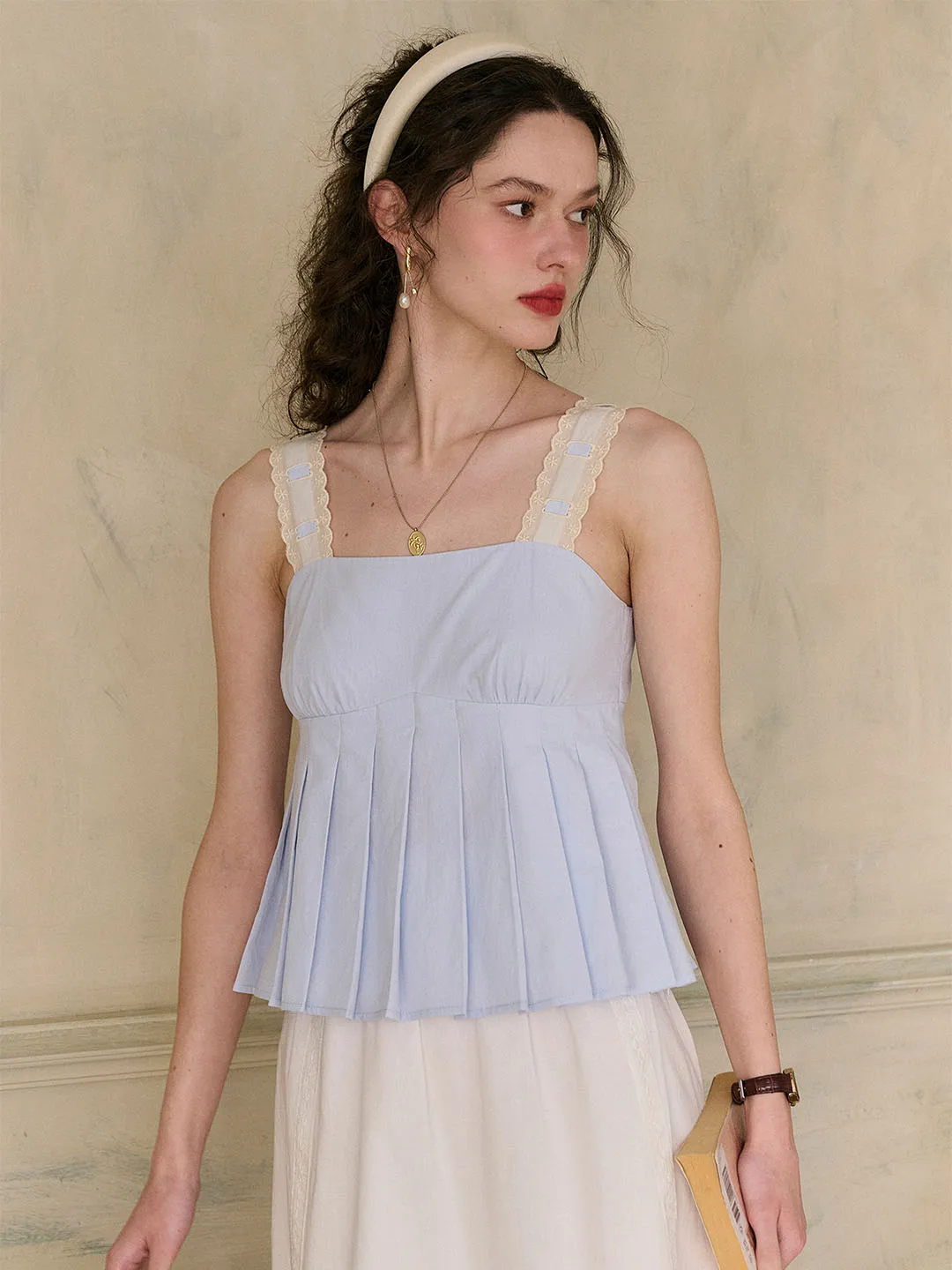 Kora Square Neck Lace Contrast Pleated Cotton Camisole Top Summer Dress