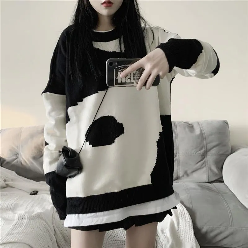 Korean Aesthetic Cow Printed Knit Oversized Sweater